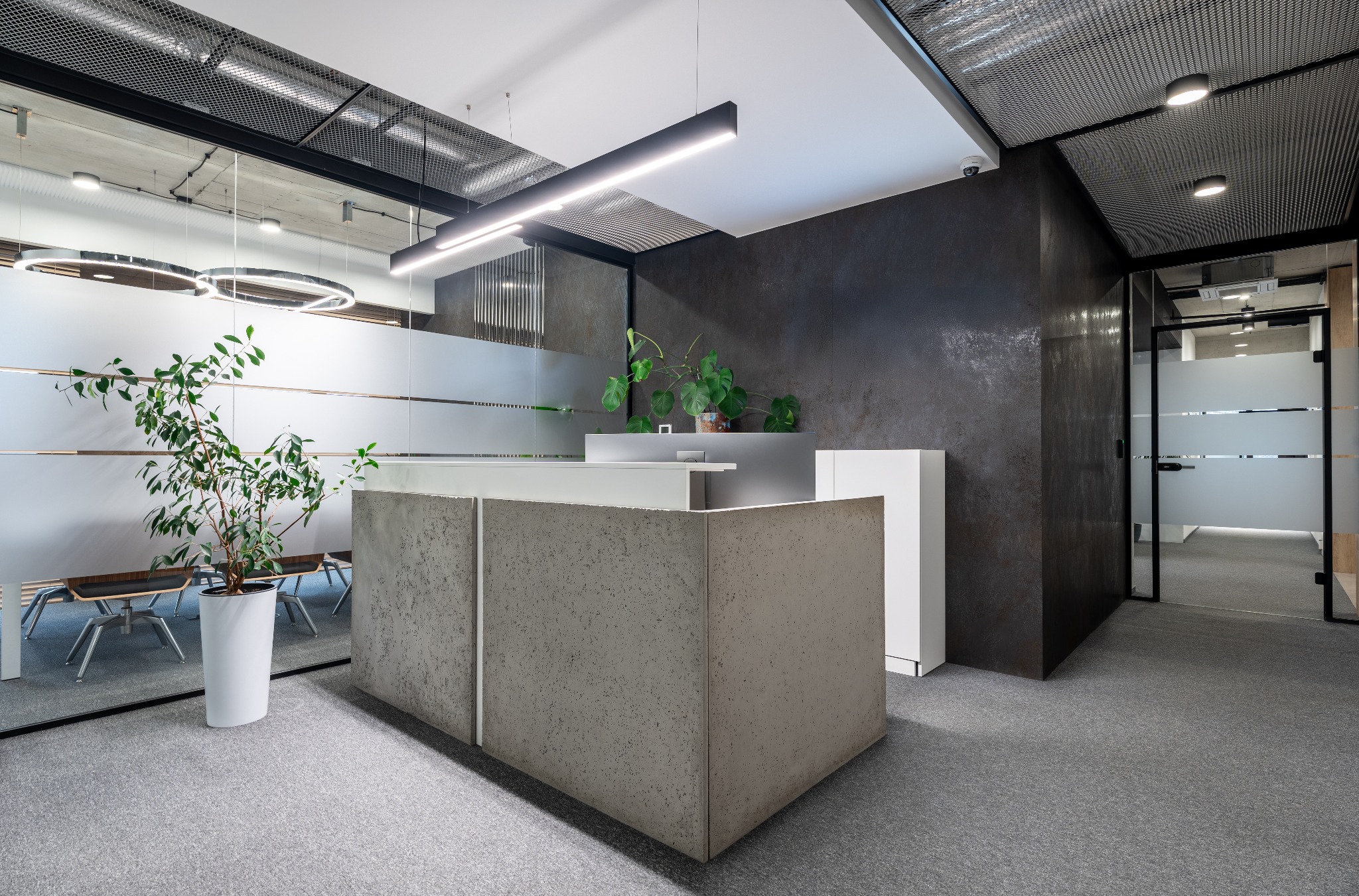 Nowoczesne wnętrze biurowe z recepcją o betonowej fakturze, roślinami doniczkowymi i szklanymi ścianami. Oświetlenie sufitowe dodaje przestrzeni elegancji.