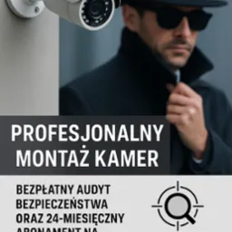 Kamera przemysłowa na ścianie, w tle mężczyzna w kapeluszu i okularach. Reklama firmy Spycraft Agency z ofertą montażu kamer i usług detektywistycznych.