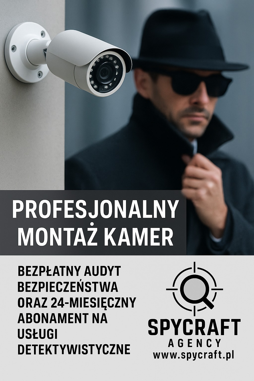Kamera przemysłowa na ścianie, w tle mężczyzna w kapeluszu i okularach. Reklama firmy Spycraft Agency z ofertą montażu kamer i usług detektywistycznych.
