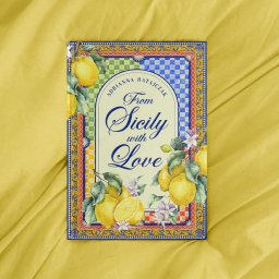 Tetiana Starytska - Projekt okładki książki 'From Sicily with Love' Adrianny Ratajczak, z motywem cytryn i kwiatów, na żółtym tle. Dekoracyjne obramowanie w stylu śródziemnomorskim.