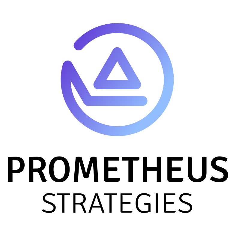 Logo firmy 'Prometheus Strategies' z gradientem fioletowo-niebieskim, przedstawiające okrąg z trójkątem w środku. Tekst pod logiem.