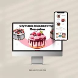 Ekran komputera i smartfona prezentujące stronę internetową z ilustracjami tortów i deserów. Stonowana kolorystyka, nowoczesny design strony.