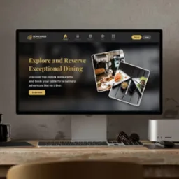 Ekran komputera prezentuje stronę rezerwacji restauracji 'Concierge Bookings' z hasłem 'Explore and Reserve Exceptional Dining'. Na zdjęciu potrawy kulinarne.