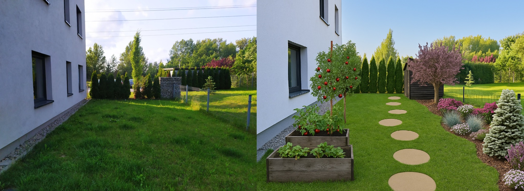 Zdjęcie 'przed i po' metamorfozy ogrodu w Mikołowie. Zarośnięty trawnik kontra zadbana zieleń z rabatami, ścieżką i warzywnikiem przy nowoczesnym domu.