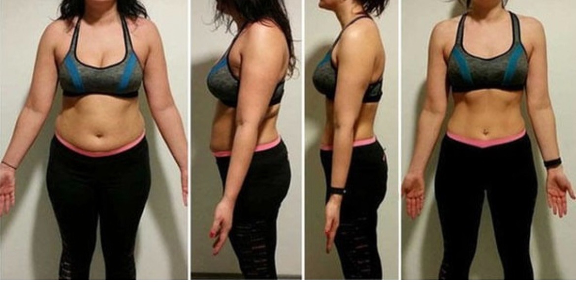 Kolaż sylwetki kobiety przed i po treningach, widoczna zmiana w wyglądzie brzucha i talii, ubrana w sportowy strój, na jasnym tle.