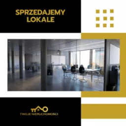 Nowoczesne biuro z przeszklonymi ścianami i salą konferencyjną. Widok na miasto przez okna. U góry napis 'Sprzedajemy lokale' i logo firmy.