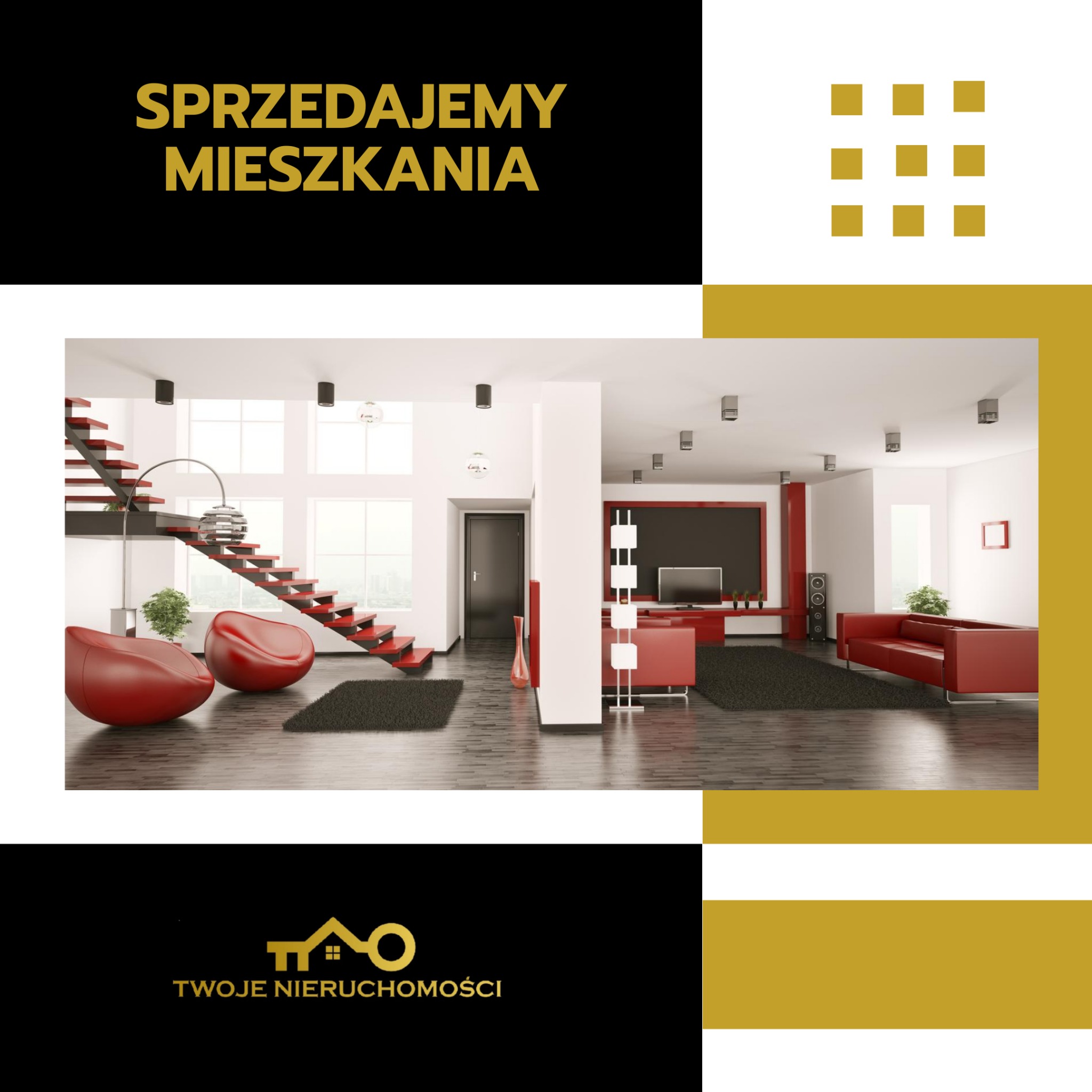 Nowoczesne wnętrze z czerwonymi akcentami. Widoczne schody, sofy i logo 'Twoje Nieruchomości'. Całość w eleganckiej kolorystyce.