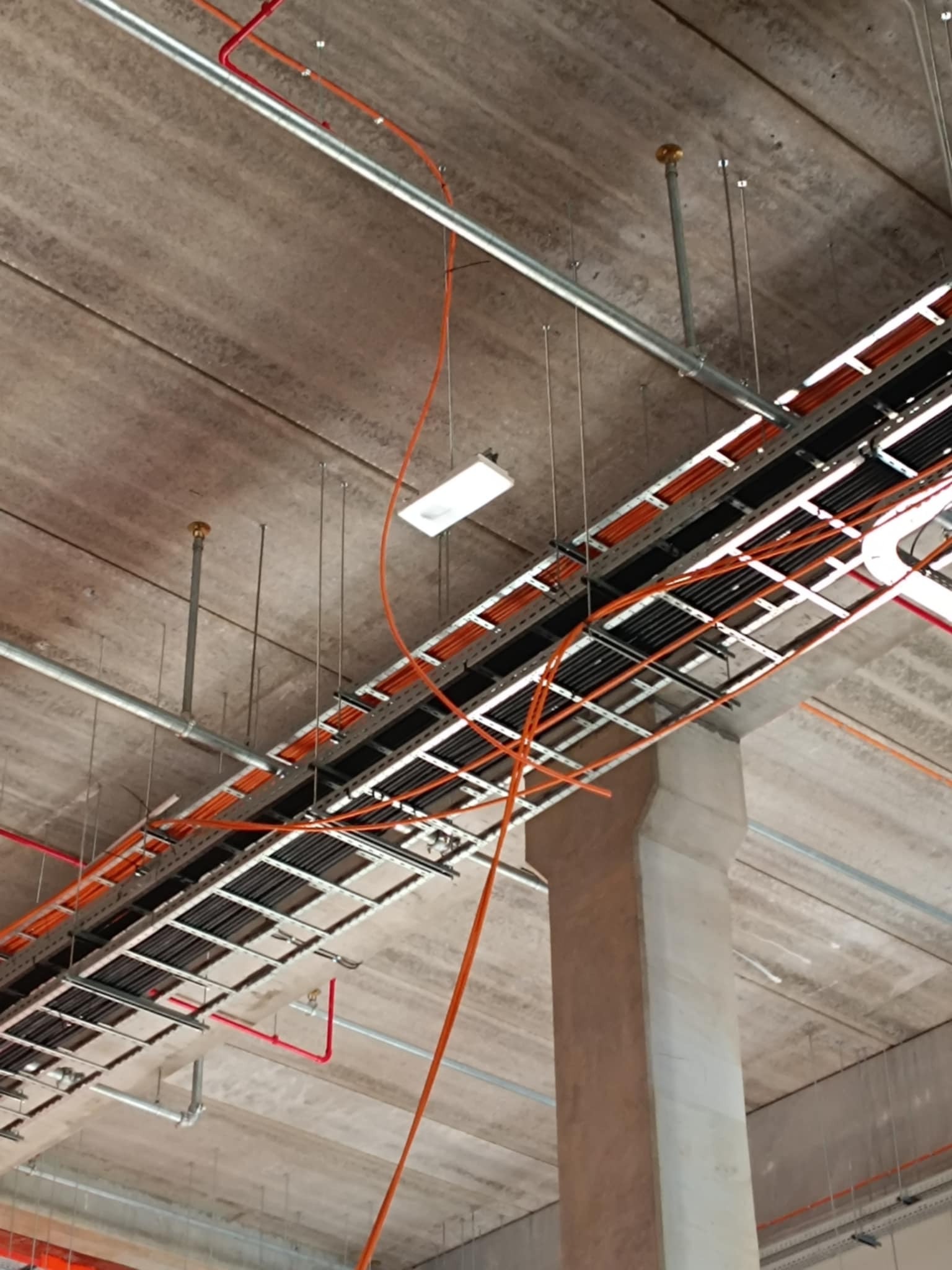Instalacje pod stropem: koryta kablowe z przewodami, rury wentylacyjne i przeciwpożarowe, oświetlenie. Widok z dołu na surowy betonowy strop w hali.