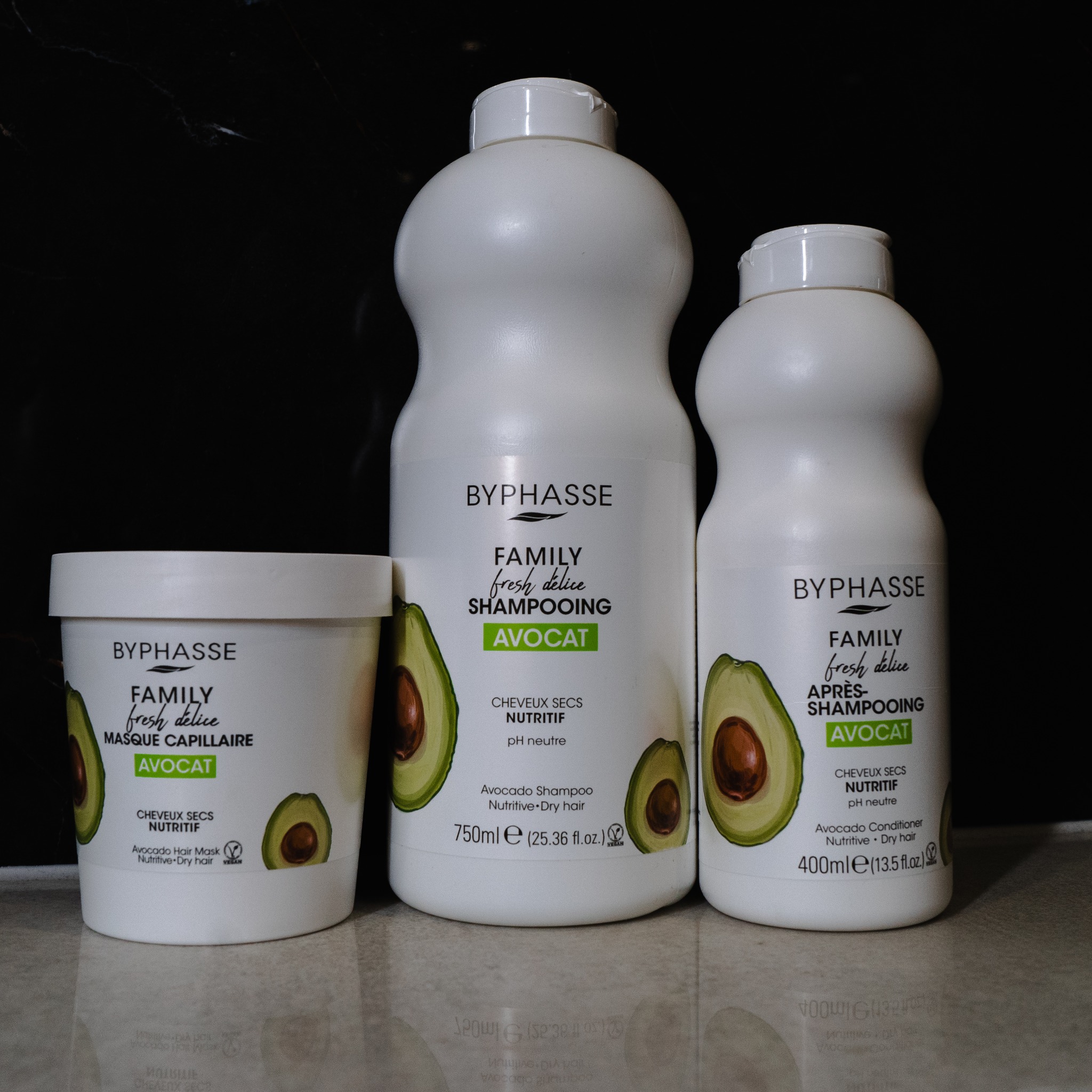 Zestaw kosmetyków Byphasse Family Fresh Delice Avocat: maska, szampon i odżywka do włosów suchych. Białe opakowania z grafiką awokado na tle czarnej ściany.