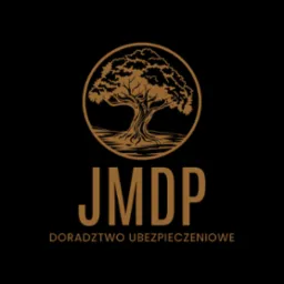 Logo JMDP Doradztwo Ubezpieczeniowe: złoty okrąg z drzewem na czarnym tle, poniżej nazwa firmy i hasło w kolorze złotym.