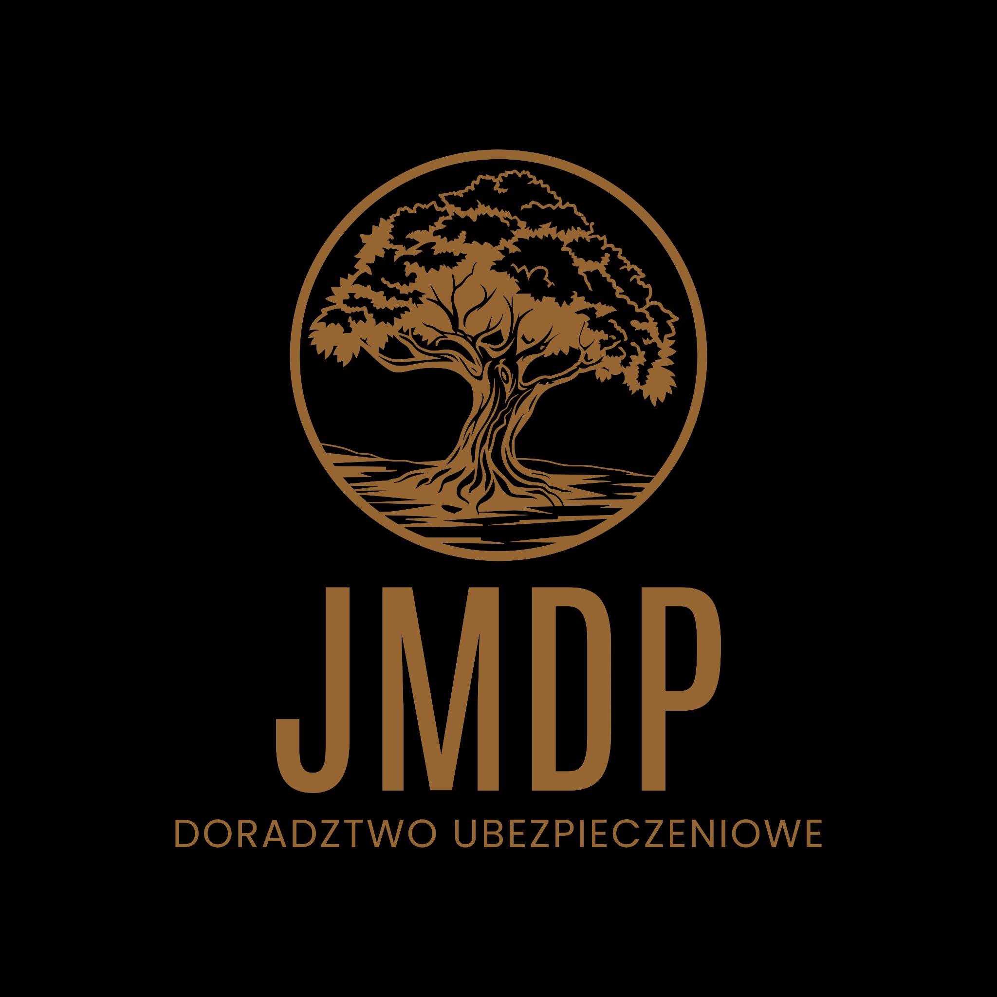 Logo JMDP Doradztwo Ubezpieczeniowe: złoty okrąg z drzewem na czarnym tle, poniżej nazwa firmy i hasło w kolorze złotym.