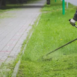 Osoba w kombinezonie roboczym kosi trawę przy chodniku za pomocą podkaszarki spalinowej. Świeżo skoszona trawa leży na kostce brukowej.