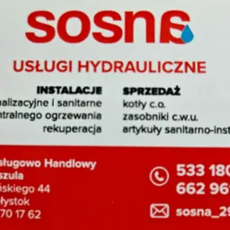 Wizytówka firmy Sosna z Białegostoku oferującej usługi hydrauliczne, instalacje wodno-kanalizacyjne i sanitarne, centralne ogrzewanie, rekuperację oraz sprzedaż kotłów c.o.