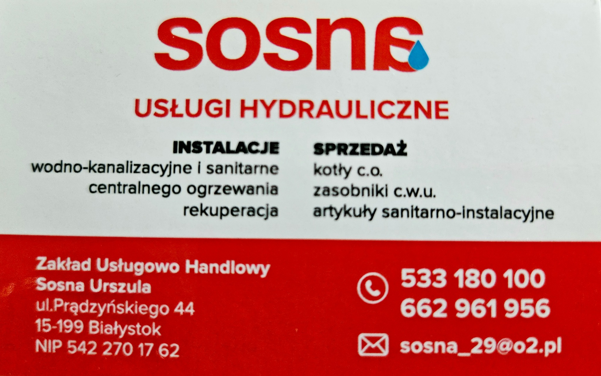 Wizytówka firmy Sosna z Białegostoku oferującej usługi hydrauliczne, instalacje wodno-kanalizacyjne i sanitarne, centralne ogrzewanie, rekuperację oraz sprzedaż kotłów c.o.