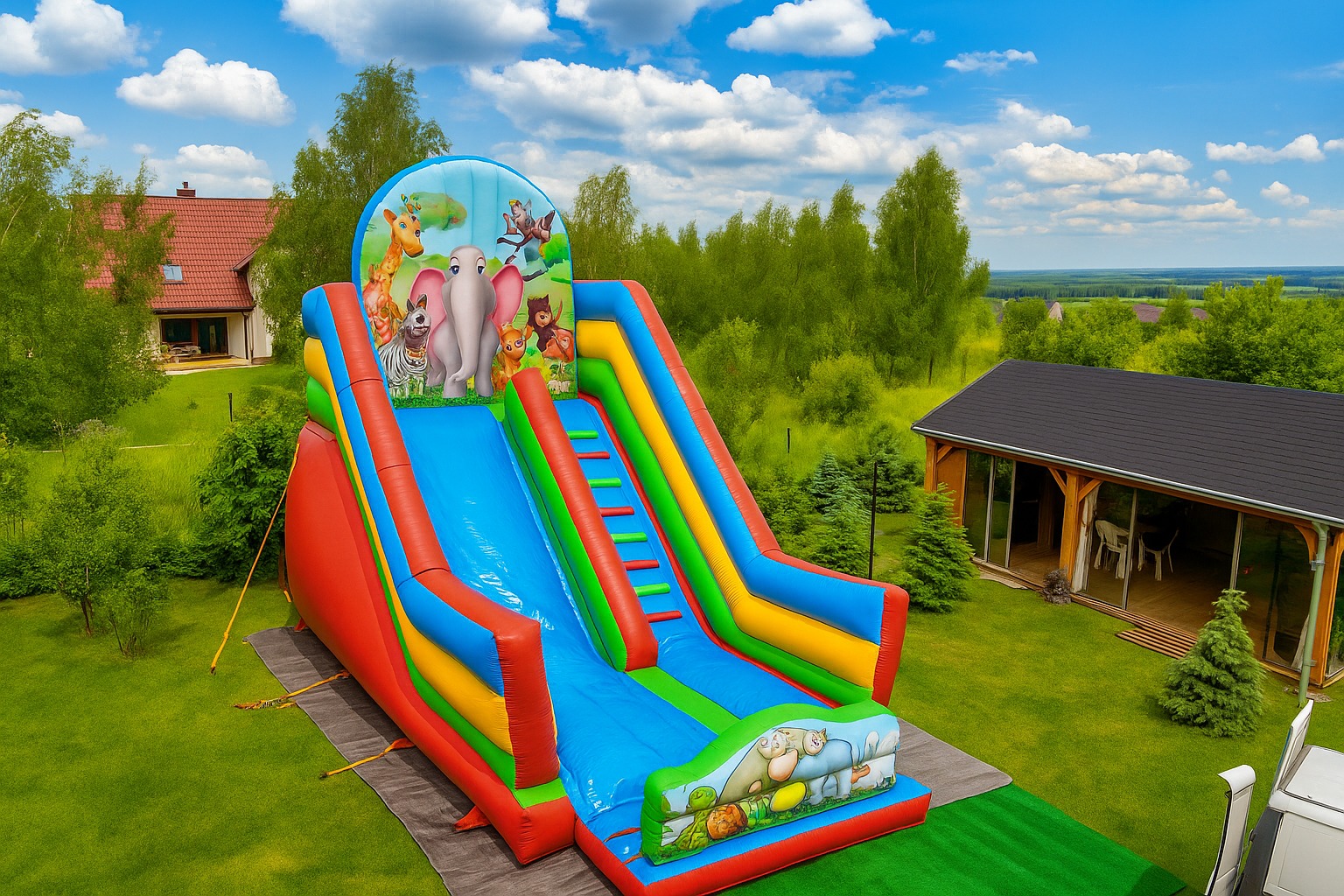 Kolorowa, dmuchana zjeżdżalnia z motywem zwierząt na zielonym trawniku, widok z góry. W tle dom z czerwoną dachówką i altana.