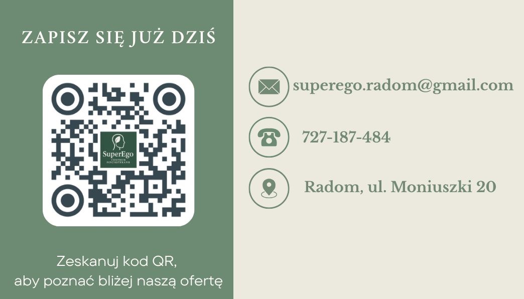 Kwadratowy baner reklamowy SuperEgo Centrum Psychoterapii z Radomia. Kod QR, adres email, numer telefonu i adres gabinetu na jasnozielonym tle.