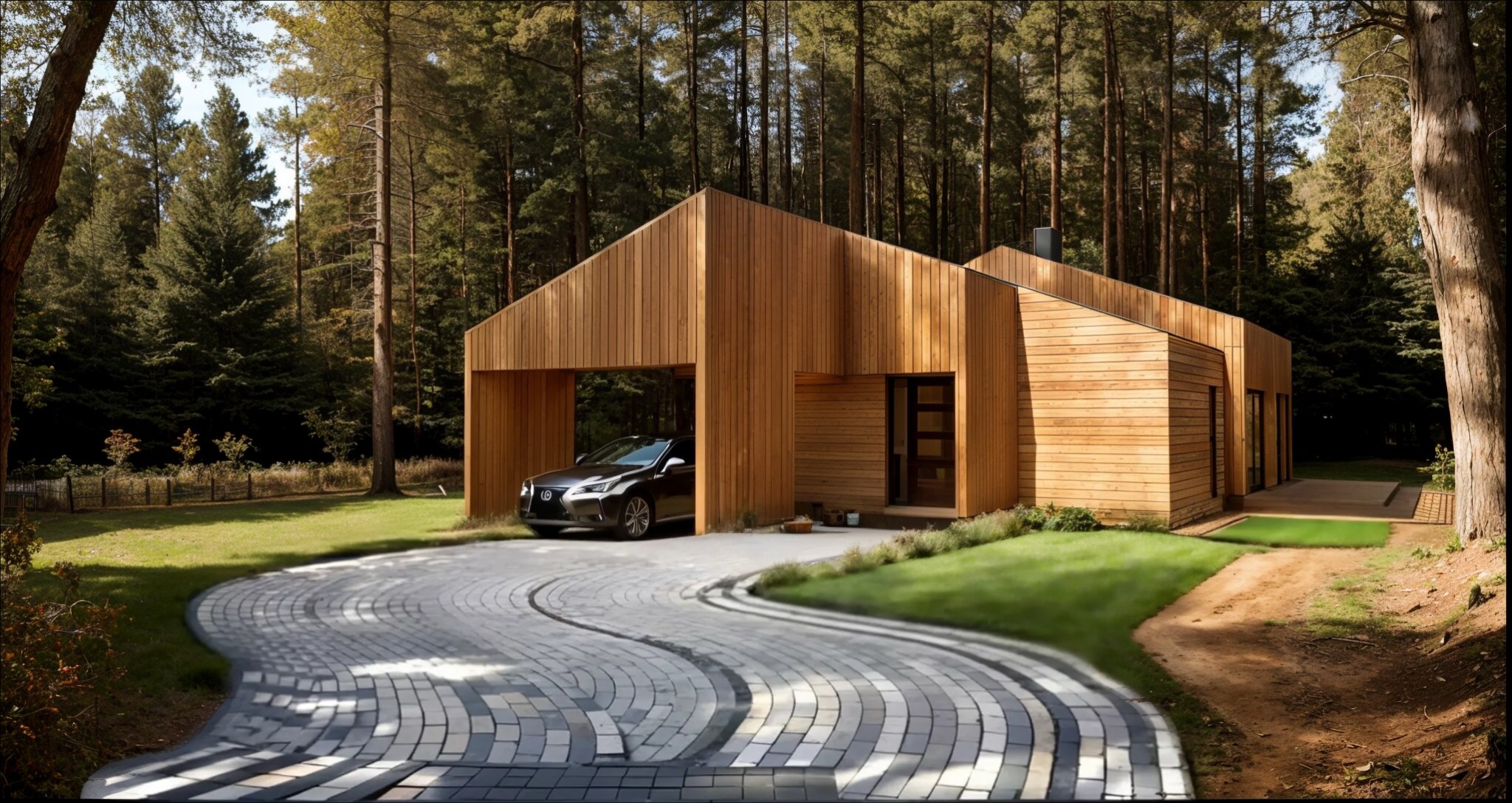 Nowoczesny dom z drewna w leśnej scenerii. Charakterystyczna bryła z garażem, podjazd z kostki. Elewacja z jasnego drewna, duże okna. Auto zaparkowane w garażu.