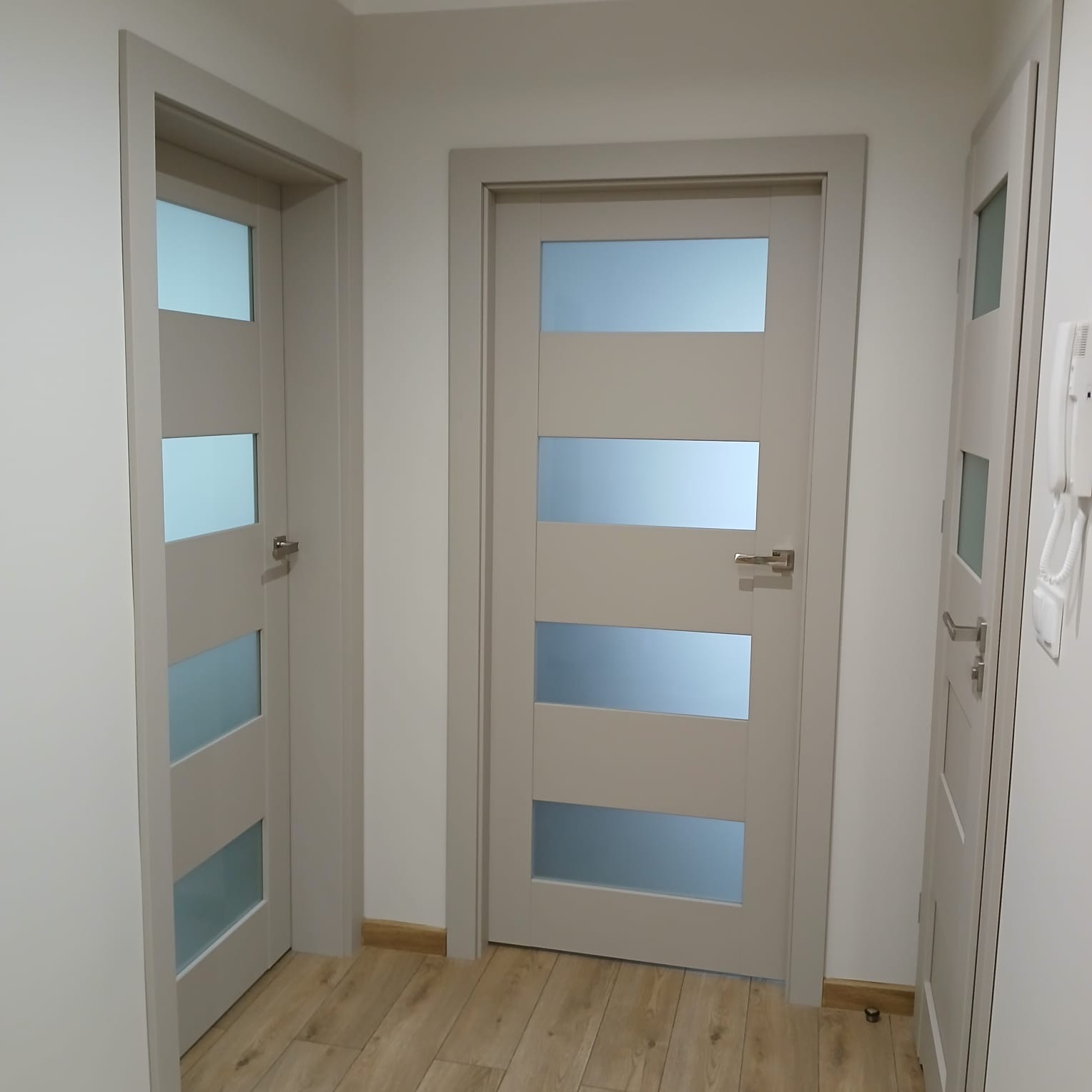 Jasne, przeszklone drzwi wewnętrzne z szarą ościeżnicą, widoczne na tle drewnianej podłogi i białych ścian. Minimalistyczny design, równomierne oświetlenie.