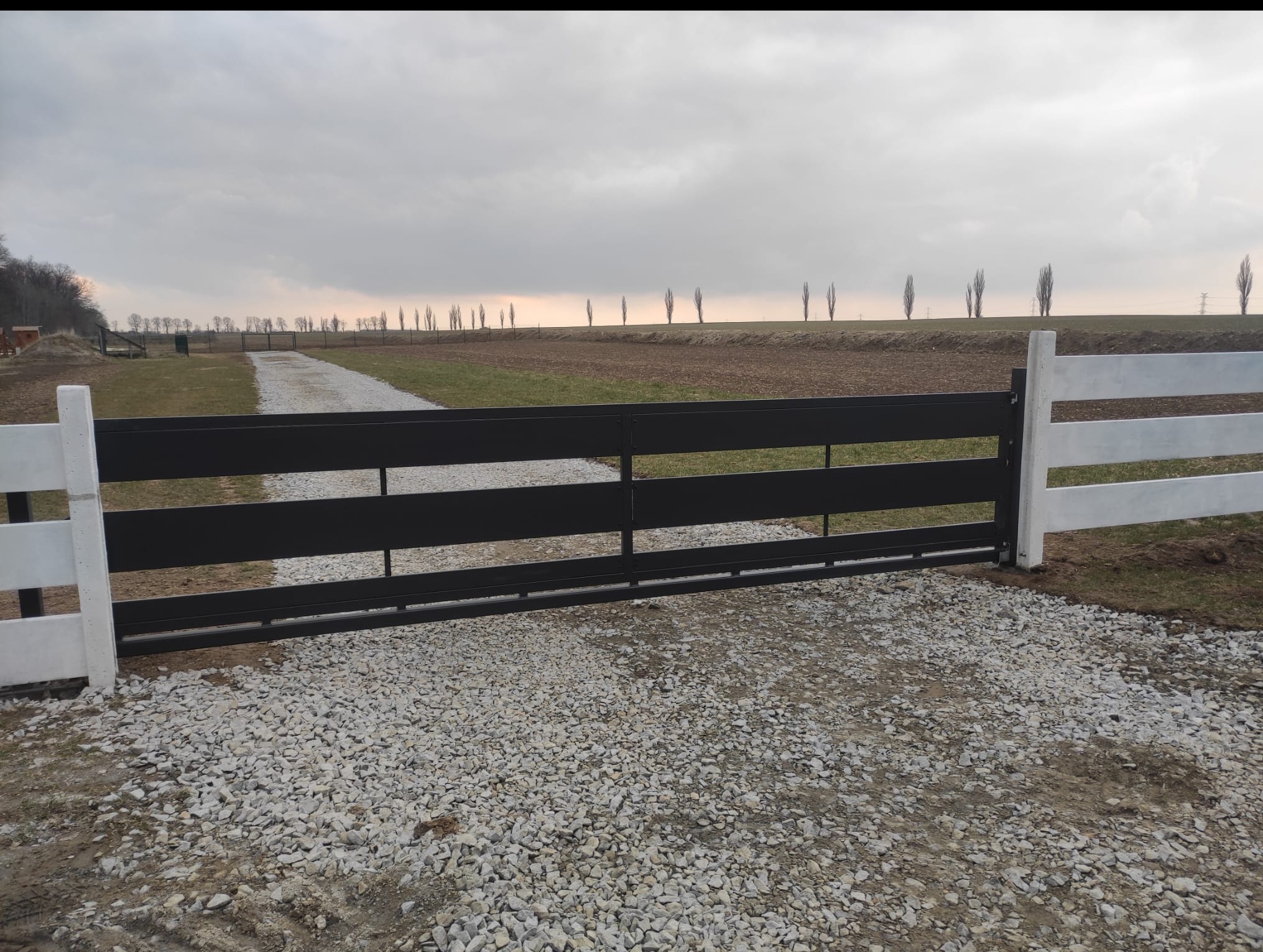 Nowoczesne, dwukolorowe ogrodzenie panelowe z metalową bramą na żwirowej drodze, z polami i rzędem drzew w tle, pochmurne niebo.