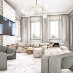 Arteriors - Elegancki salon z narożną sofą, marmurową podłogą i nowoczesnym oświetleniem. Na ścianie telewizor i dekoracyjny panel. Dwa fotele o unikalnym kształcie.