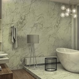 Arteriors - Stylowa łazienka z marmurową wanną wolnostojącą, lampą podłogową i wiszącymi żarówkami. Minimalistyczny design z akcentami vintage.