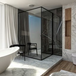 Arteriors - Nowoczesna łazienka z wolnostojącą wanną, przeszklonym prysznicem i marmurowymi ścianami. Minimalistyczny design z drewnianymi akcentami i dużym oknem.