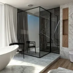 Nowoczesna łazienka z wolnostojącą wanną, przeszklonym prysznicem i marmurowymi ścianami. Minimalistyczny design z drewnianymi akcentami i dużym oknem.