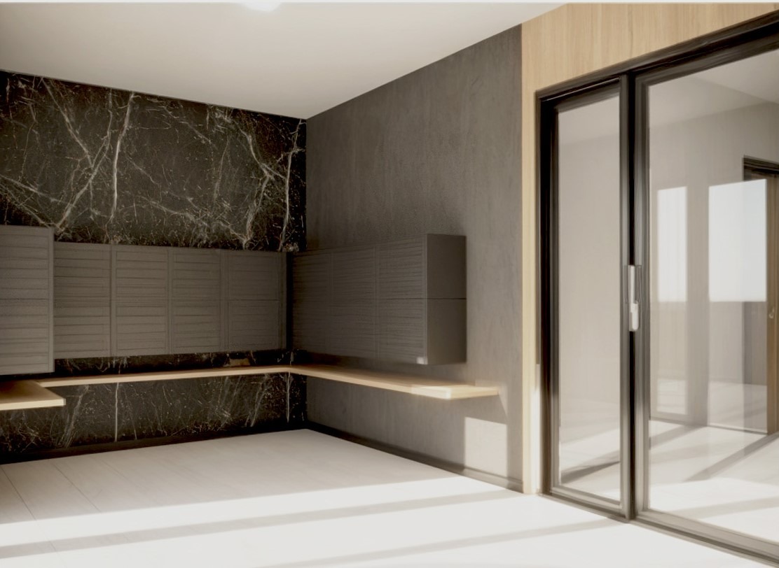 Nowoczesna aranżacja wnętrza z marmurową ścianą, zabudową kuchenną i dużym oknem przesuwnym, ukazująca minimalistyczny design i jasne, przestronne pomieszczenie.