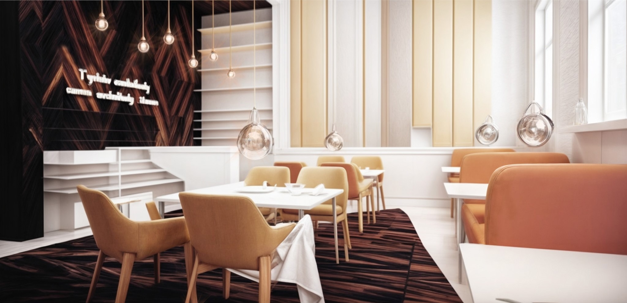 Nowoczesne wnętrze restauracji z drewnianą ścianą, białymi stolikami i pomarańczowymi krzesłami. Wiszące lampy dodają elegancji.
