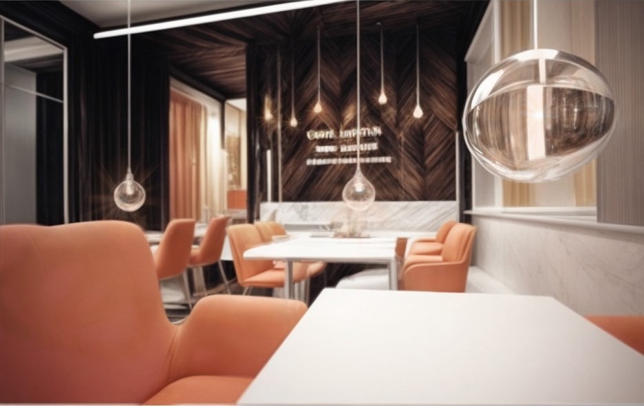 Stylowa aranżacja wnętrza kawiarni z pomarańczowymi krzesłami, drewnianą ścianą i kulistymi lampami. Detal: logo kawiarni na ścianie.