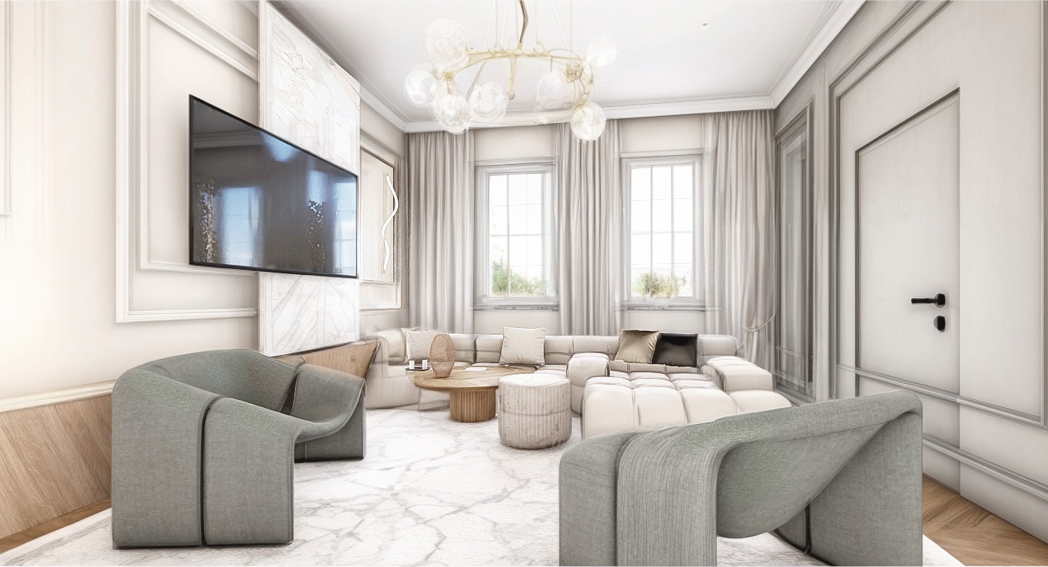 Elegancki salon z narożną sofą, marmurową podłogą i nowoczesnym oświetleniem. Na ścianie telewizor i dekoracyjny panel. Dwa fotele o unikalnym kształcie.