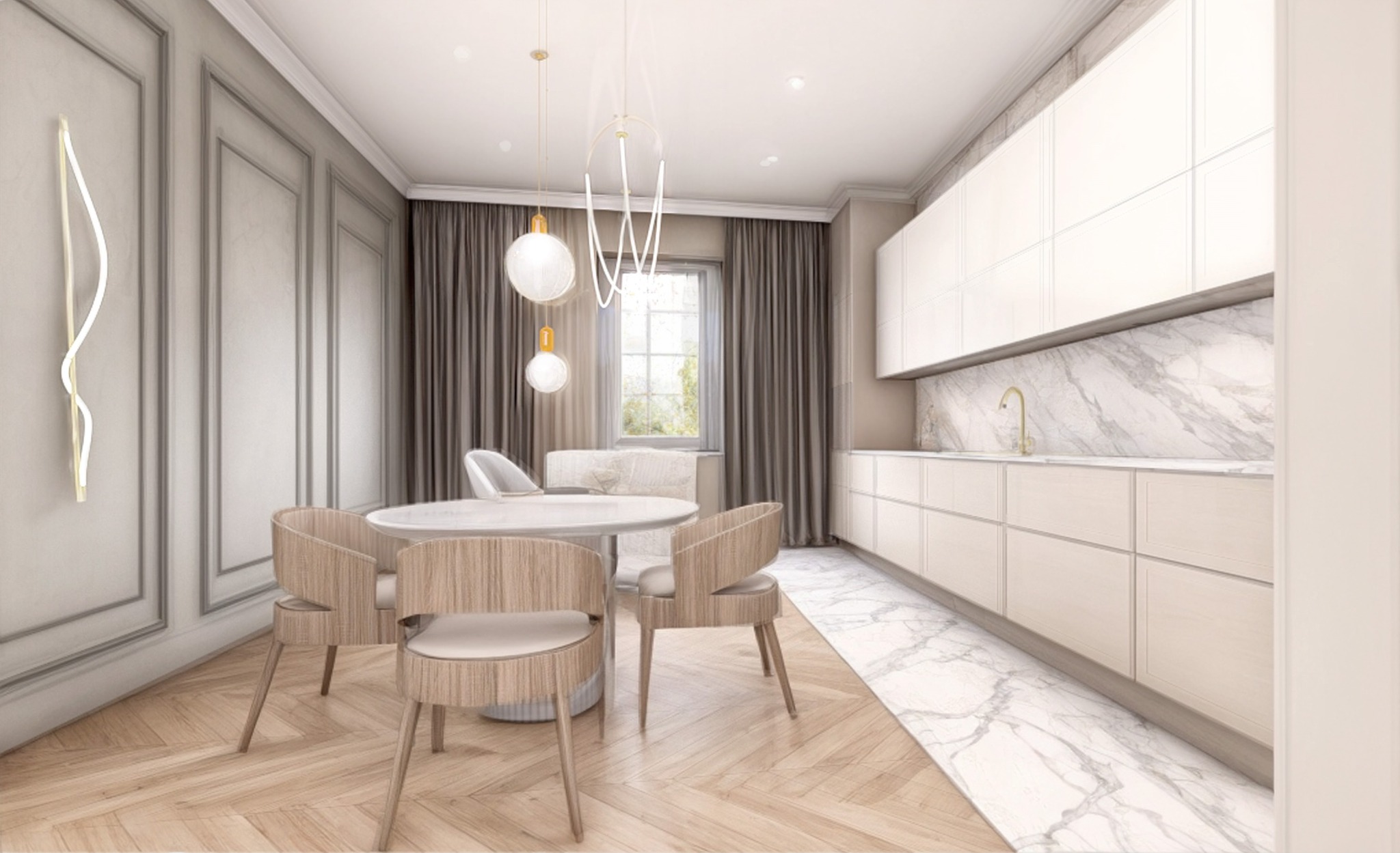 Jasna jadalnia z okrągłym stołem i krzesłami z jasnego drewna. Na ścianie dekoracyjna lampa, w tle kuchnia z marmurowym blatem i białymi szafkami.