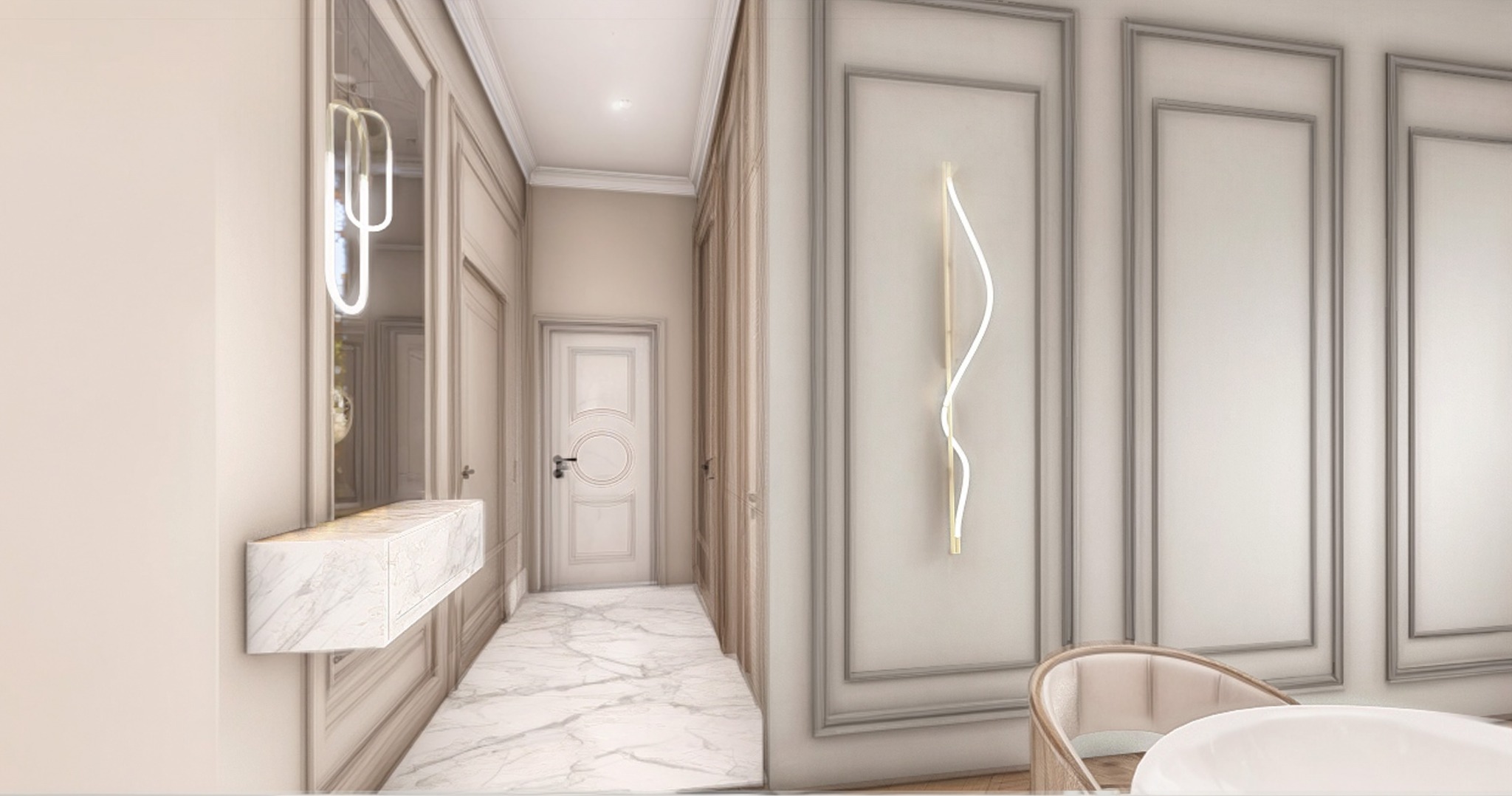 Elegancki korytarz z marmurową posadzką i subtelnym oświetleniem LED. Na ścianie dekoracyjne panele z minimalistyczną lampą. Lustro z podświetlaną konsolą.