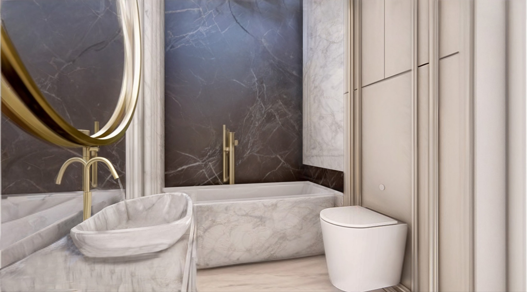 Elegancka łazienka z marmurową wanną, umywalką i złotą armaturą. Ciemne marmurowe ściany kontrastują z jasnymi meblami. Nowoczesny design z dbałością o detale.