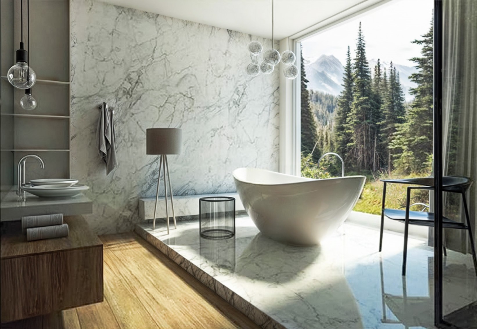 Nowoczesna łazienka z marmurowymi ścianami i wolnostojącą wanną na tle panoramicznego okna z widokiem na las górski. Minimalistyczny design, drewniane akcenty.