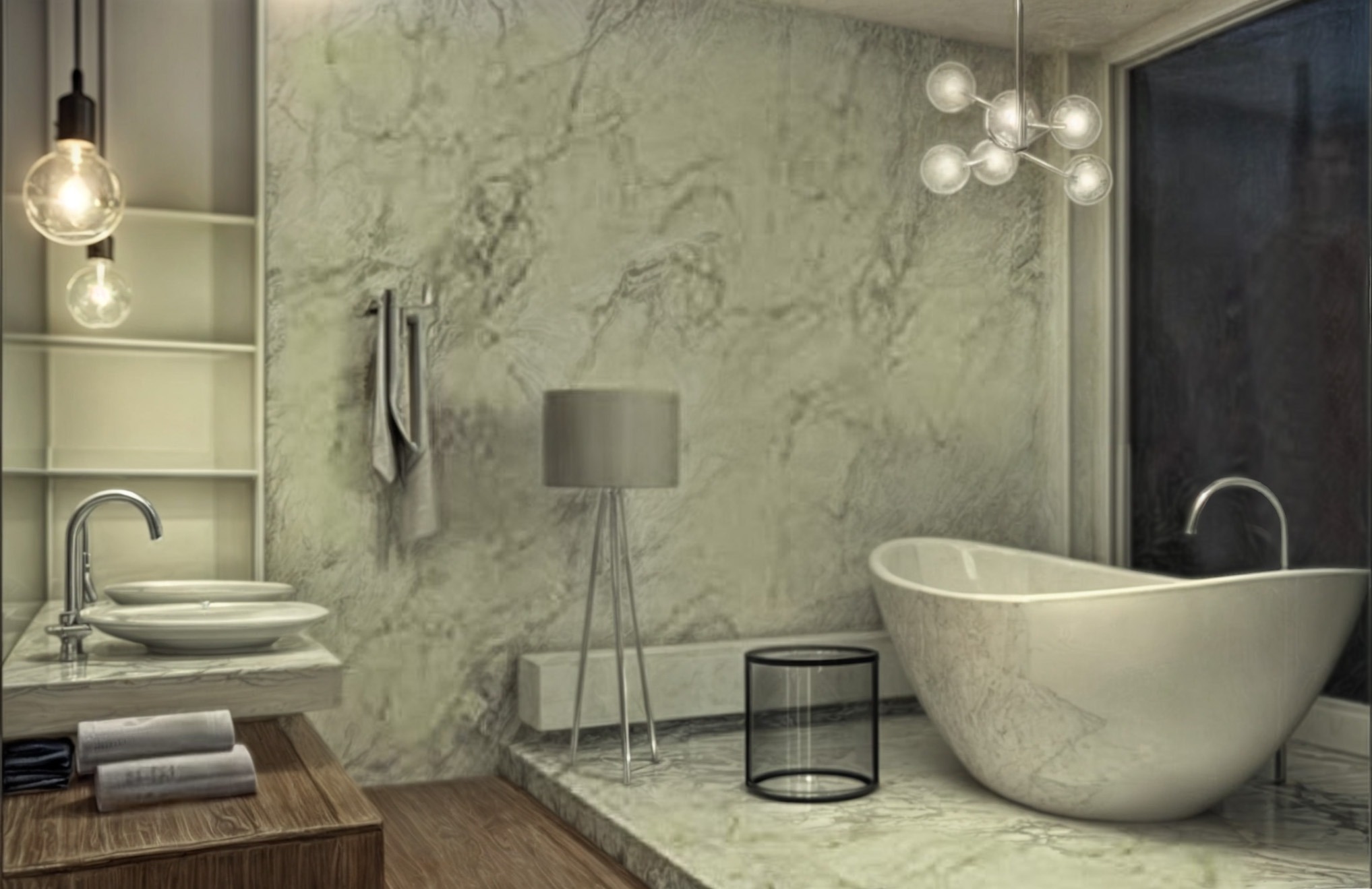 Stylowa łazienka z marmurową wanną wolnostojącą, lampą podłogową i wiszącymi żarówkami. Minimalistyczny design z akcentami vintage.
