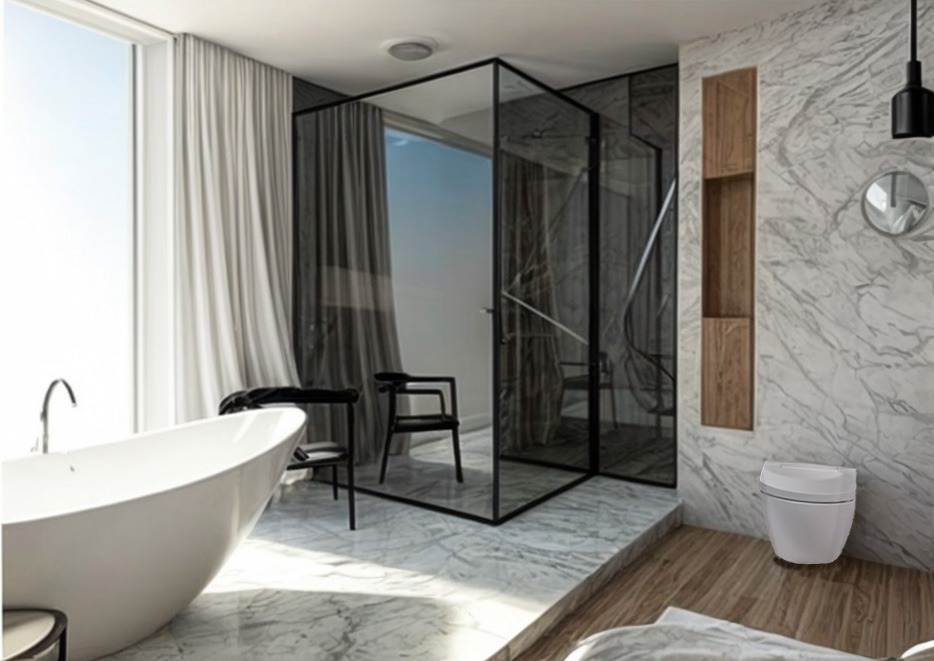 Nowoczesna łazienka z wolnostojącą wanną, przeszklonym prysznicem i marmurowymi ścianami. Minimalistyczny design z drewnianymi akcentami i dużym oknem.