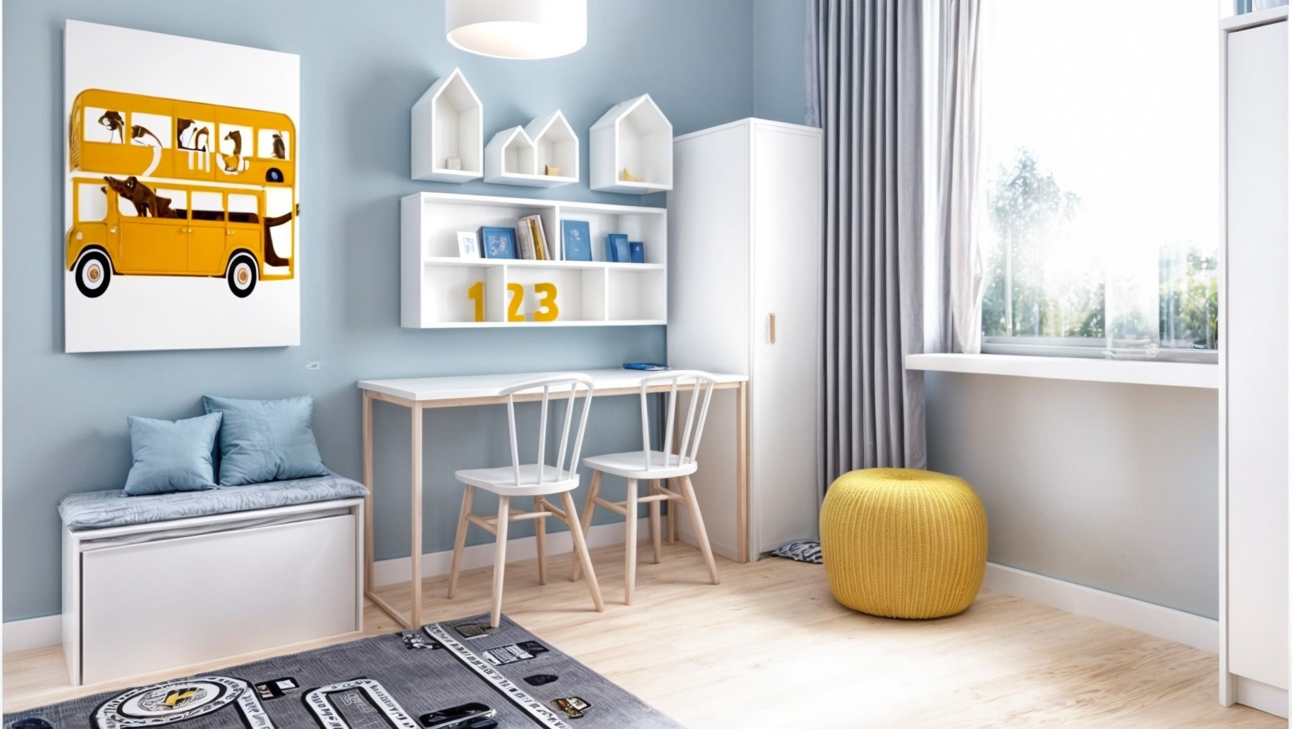 Pokój dziecięcy w Katowicach: białe meble, biurko z krzesłami, pufa, regały w kształcie domków i grafika z żółtym autobusem.