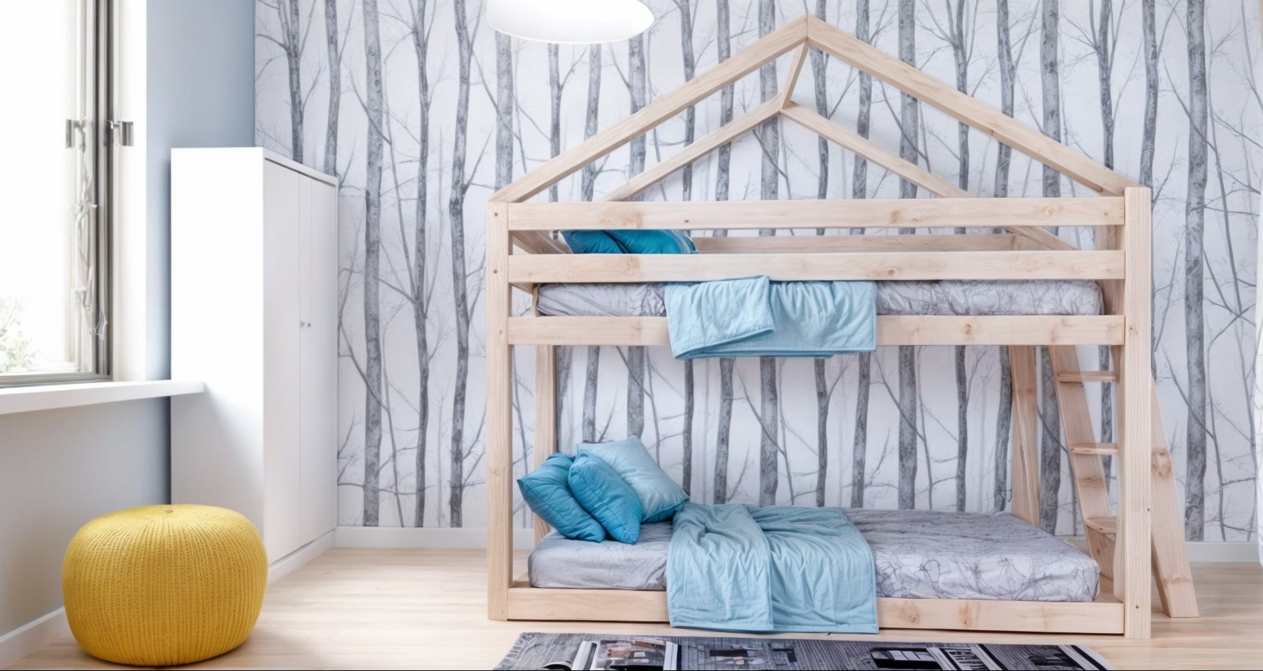 Pokój dziecięcy z łóżkiem piętrowym w kształcie domku, turkusowymi poduszkami i tapetą w motywie drzew. Żółty puf przy oknie.