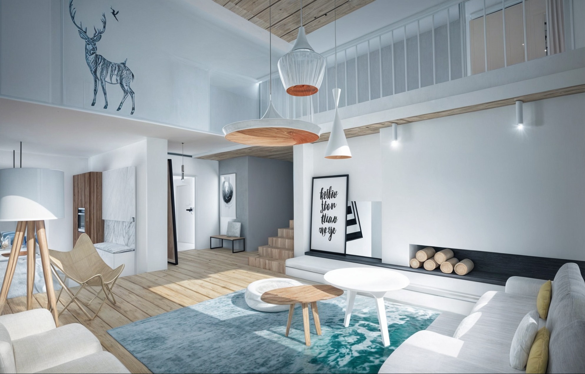 Jasne, przestronne wnętrze z drewnianymi akcentami: wiszące lampy, stoliki kawowe i grafika jelenia na ścianie. Nowoczesny design z minimalistycznym kominkiem.