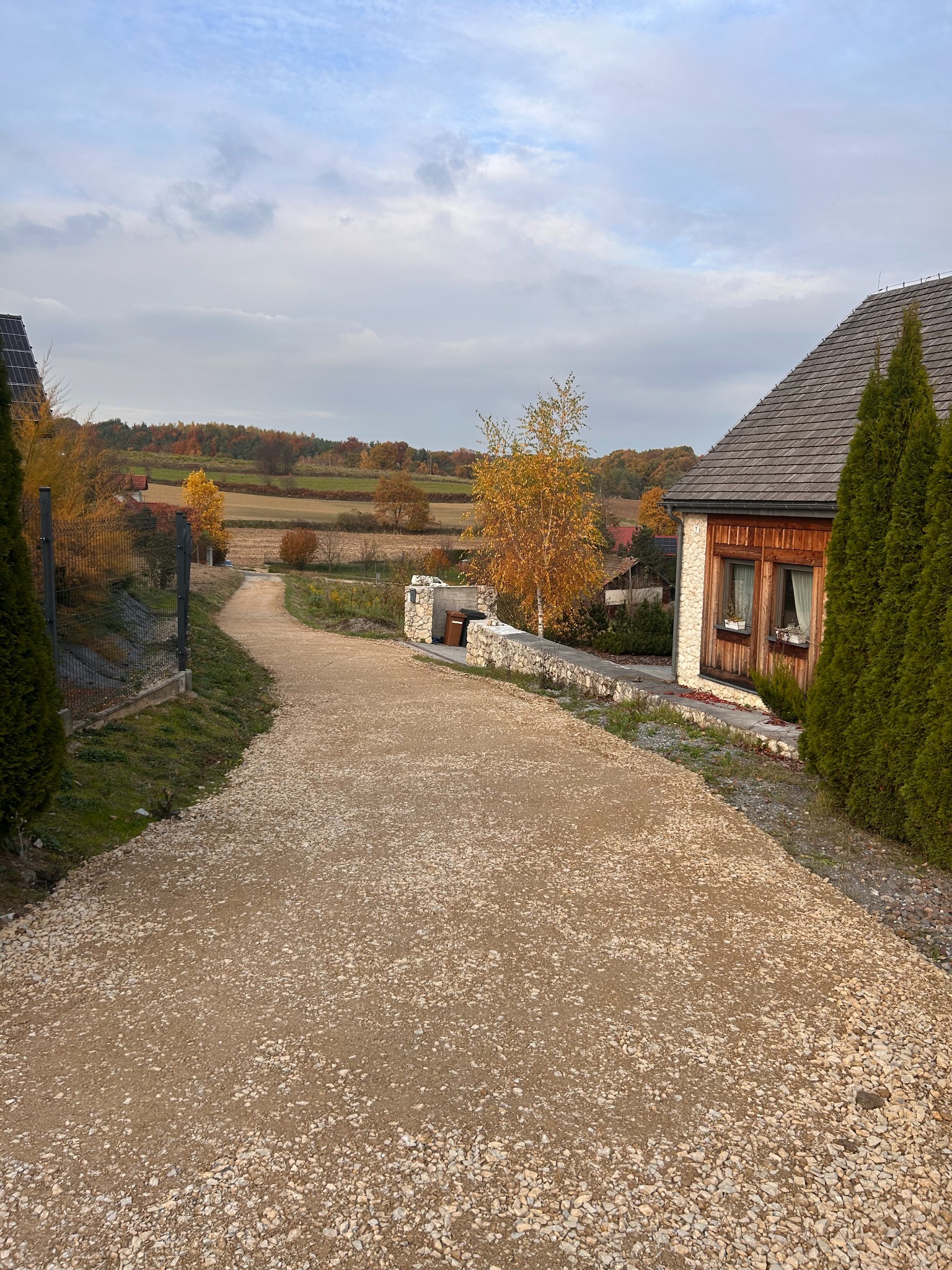 Utwardzona droga gruntowa prowadząca do domu z drewnianą elewacją i zielonymi tujami, jesienny krajobraz w tle, pochmurne niebo.