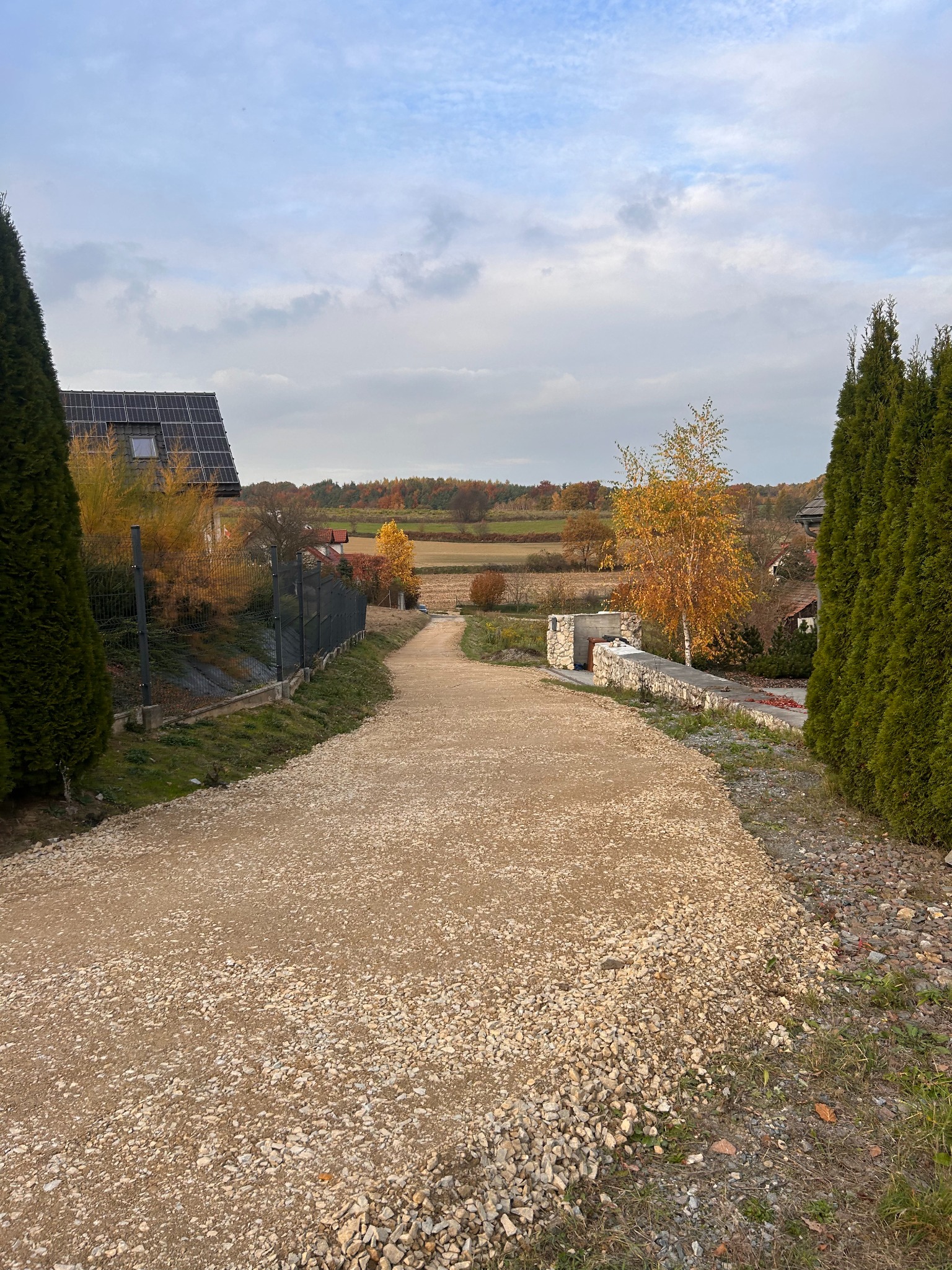 Utwardzona, żwirowa droga dojazdowa prowadząca w kierunku domu z panelami słonecznymi, otoczona tujami i jesiennym krajobrazem. Widok z góry.