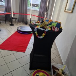 Fabryka Uśmiechu i Mebli David Parma - Stanowisko fotobudki 360 z rekwizytami: hawajski wieniec, zabawkowy pistolet na pieniądze, czapka policjanta. Czerwony dywan prowadzi do platformy.