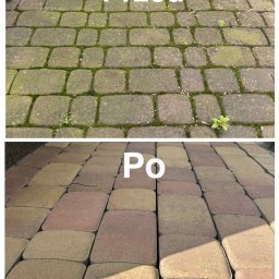 Mi Wash - Porównanie stanu kostki brukowej przed i po czyszczeniu. Górna część z mchem i zabrudzeniami, dolna - czysta, z widocznym wzorem i kolorem kostki.
