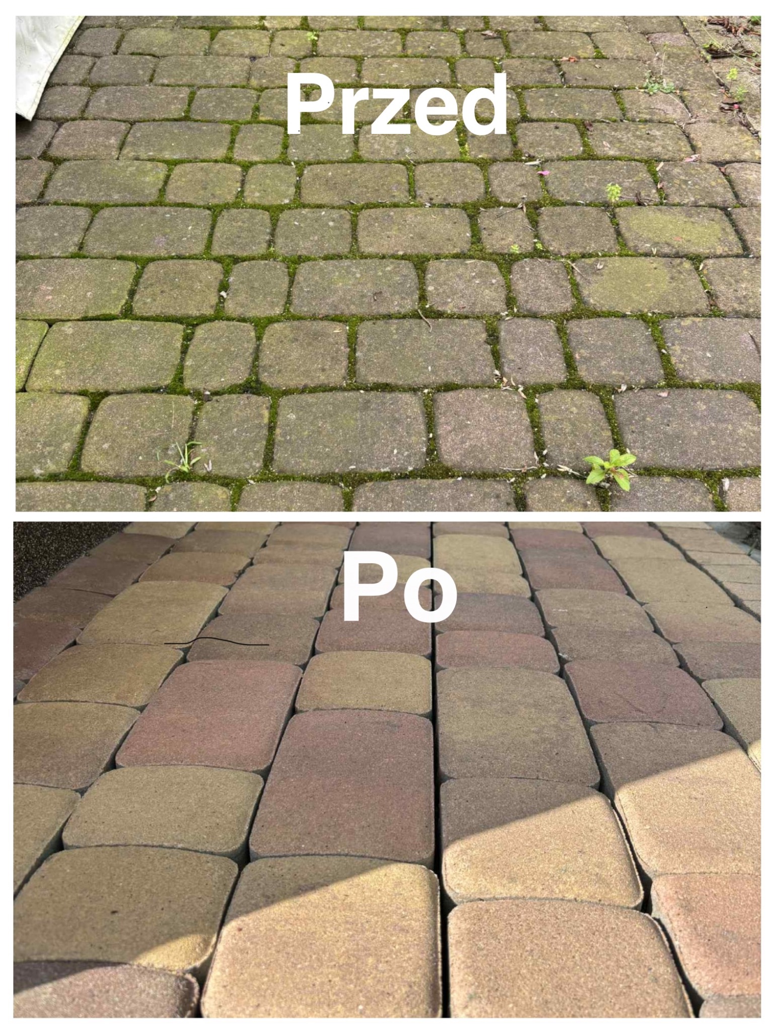 Porównanie stanu kostki brukowej przed i po czyszczeniu. Górna część z mchem i zabrudzeniami, dolna - czysta, z widocznym wzorem i kolorem kostki.