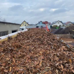 Kora drzewna w dużej pryzmie, prawdopodobnie przygotowana do transportu lub dalszego wykorzystania w ogrodnictwie, z budynkami w tle.