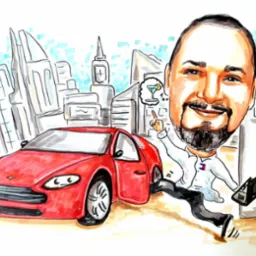 Kolorowy rysunek: mężczyzna z brodą, czerwony samochód, budynki miasta w tle, apteka. Styl karykaturalny, z elementami fantazji (myśli o wakacjach).