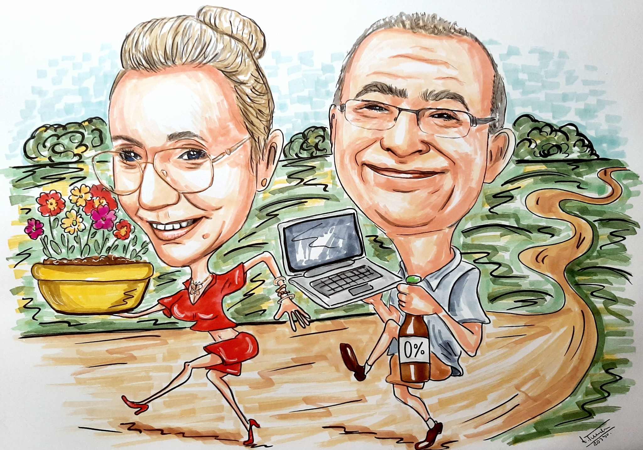 Ręcznie rysowany, kolorowy karykaturalny portret pary: kobieta z kwiatami i mężczyzna z laptopem i butelką 0%, na tle krajobrazu. Unikalny prezent, personalizowane malarstwo.