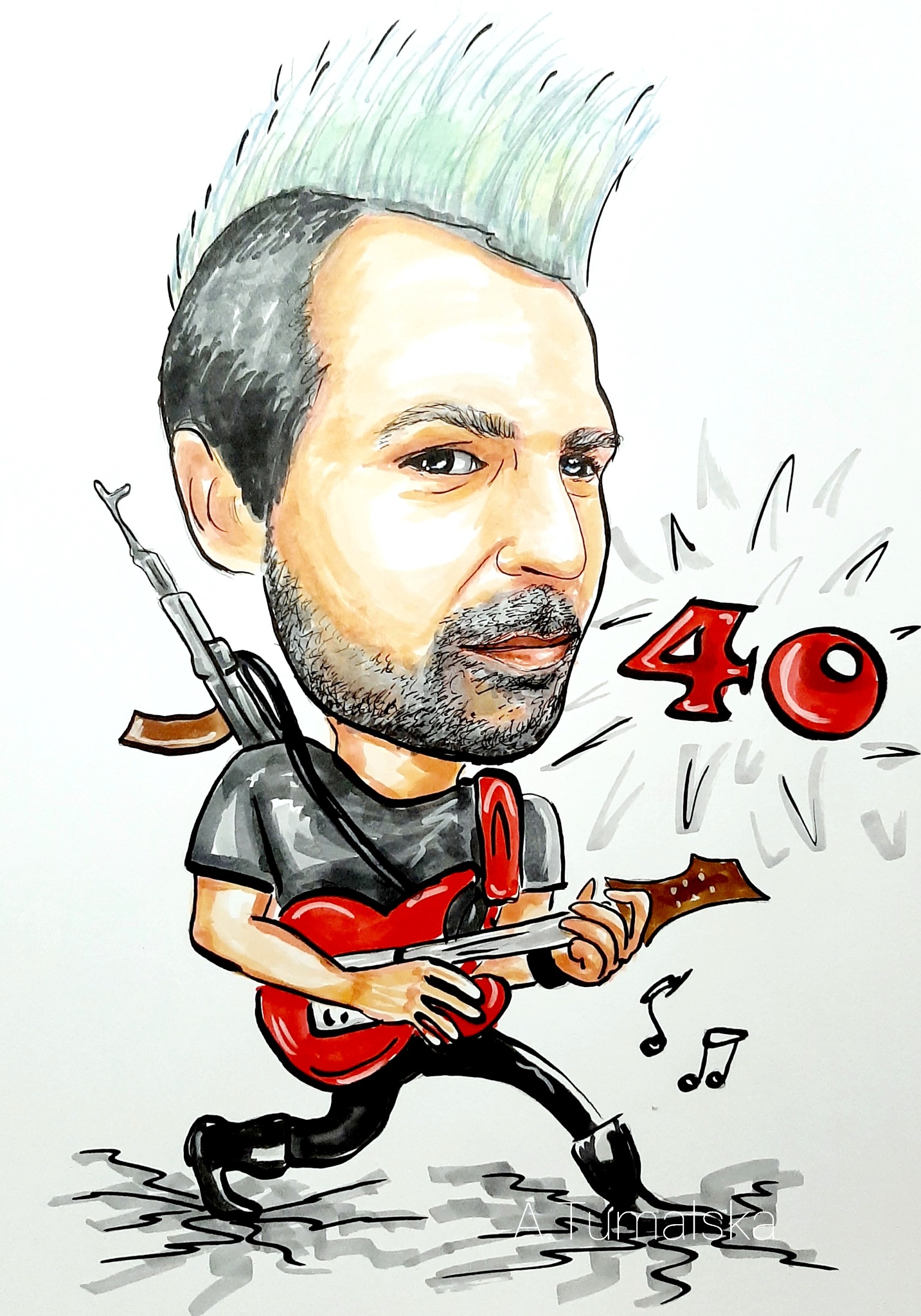 Ilustracja karykaturalna mężczyzny z irokezem, grającego na czerwonej gitarze i z karabinem na plecach, obok widnieje liczba 40. Styl humorystyczny, marker na papierze.