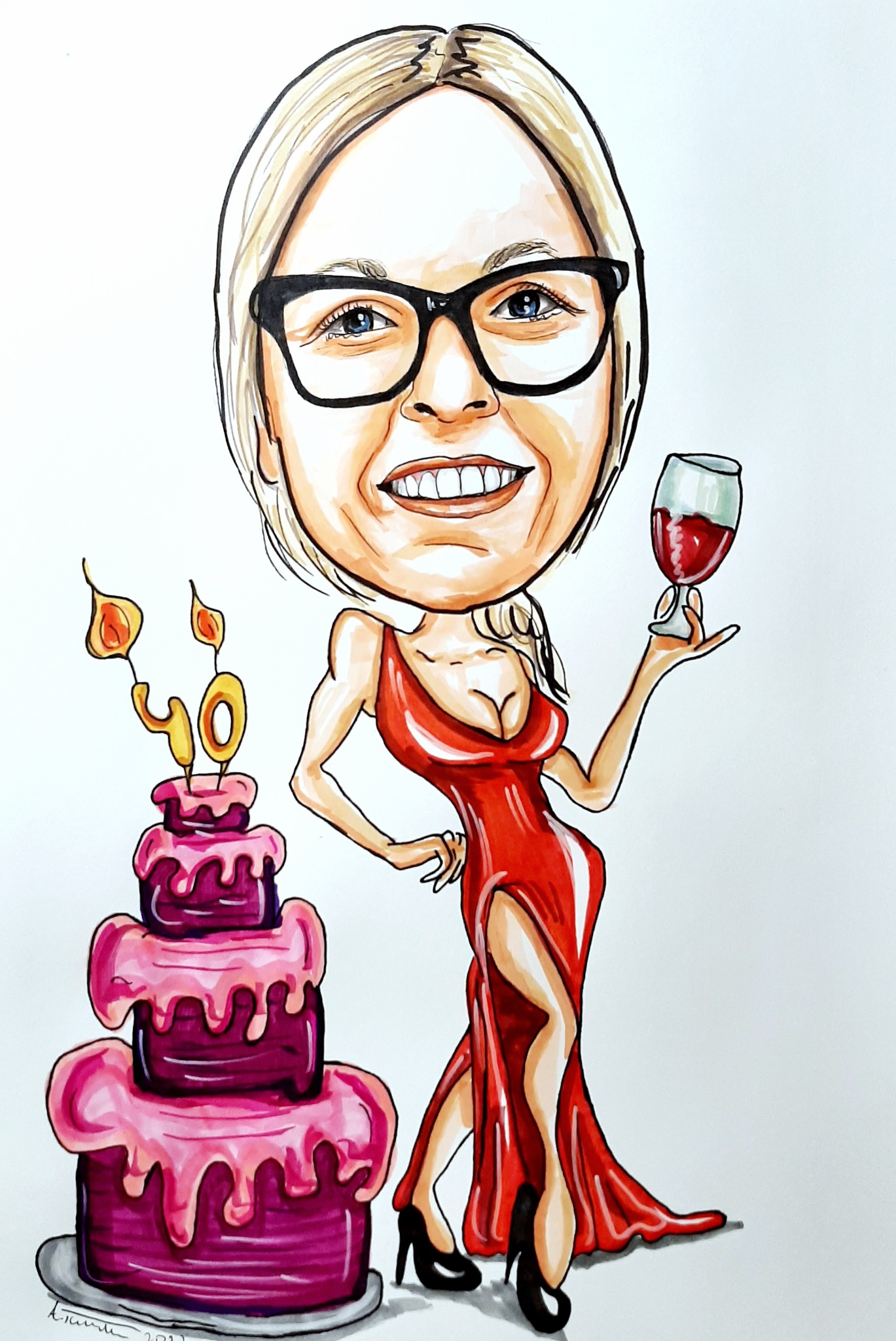 Ilustracja kobiety w czerwonej sukni obok tortu urodzinowego z liczbą 40, trzymającej kieliszek wina. Karykatura z dużymi oczami i głową.